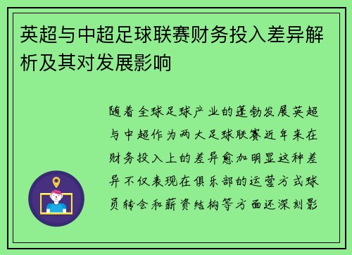 英超与中超足球联赛财务投入差异解析及其对发展影响