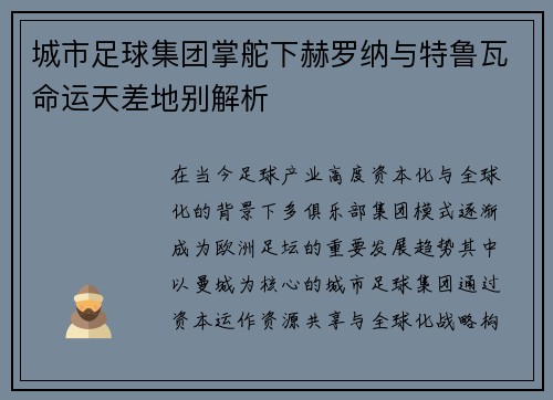 城市足球集团掌舵下赫罗纳与特鲁瓦命运天差地别解析 城市足球集团掌舵下赫罗纳与特鲁瓦命运天差地别解析